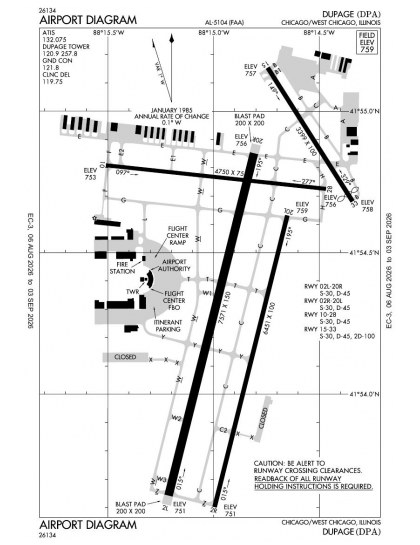 KDPA airport diagram — runways, taxiways and ramp layout