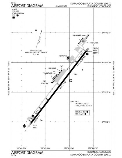 KDRO airport diagram — runways, taxiways and ramp layout
