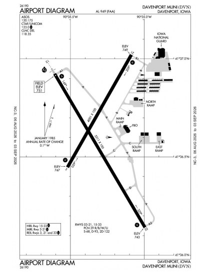 KDVN airport diagram — runways, taxiways and ramp layout
