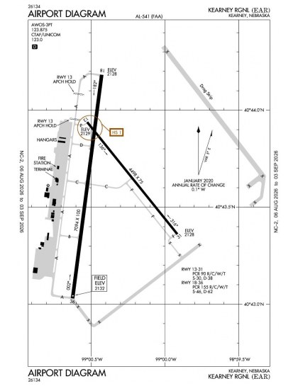 KEAR airport diagram — runways, taxiways and ramp layout