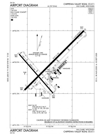 KEAU airport diagram — runways, taxiways and ramp layout