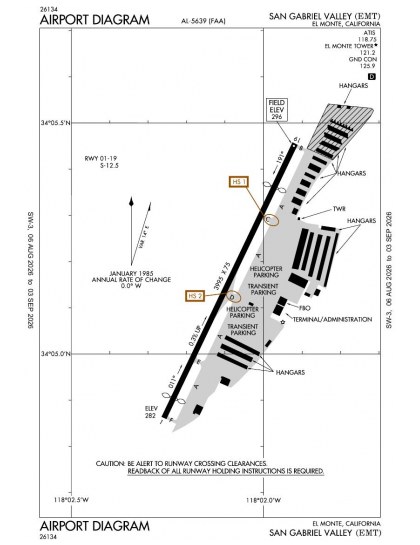 KEMT airport diagram — runways, taxiways and ramp layout