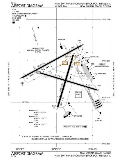 KEVB airport diagram — runways, taxiways and ramp layout