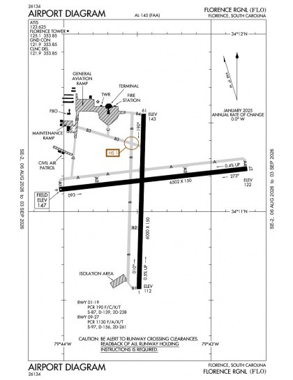 KFLO airport diagram — runways, taxiways and ramp layout