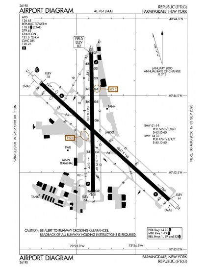 KFRG airport diagram — runways, taxiways and ramp layout