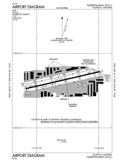 KFUL airport diagram — runways, taxiways and ramp layout
