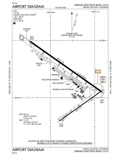 KGJT airport diagram — runways, taxiways and ramp layout