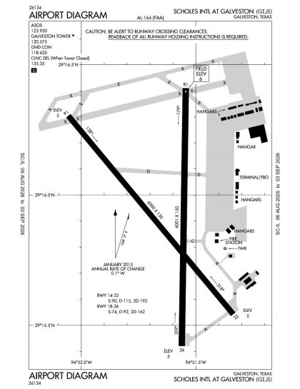 KGLS airport diagram — runways, taxiways and ramp layout