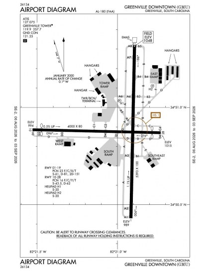 KGMU airport diagram — runways, taxiways and ramp layout