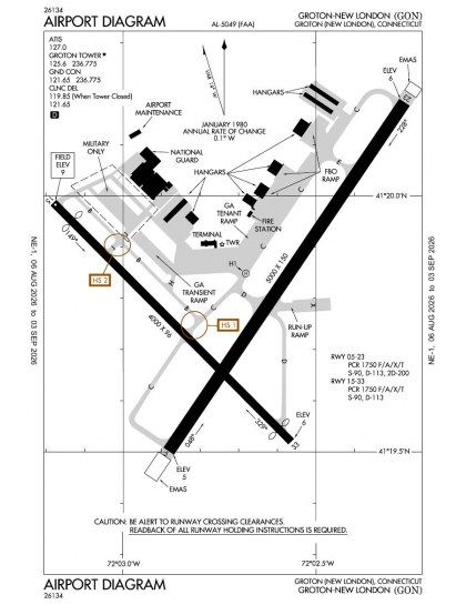 KGON airport diagram — runways, taxiways and ramp layout