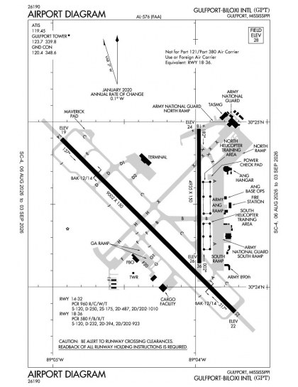 KGPT airport diagram — runways, taxiways and ramp layout