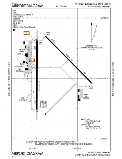 KGRI airport diagram — runways, taxiways and ramp layout