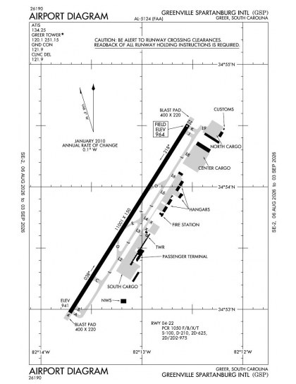 KGSP airport diagram — runways, taxiways and ramp layout