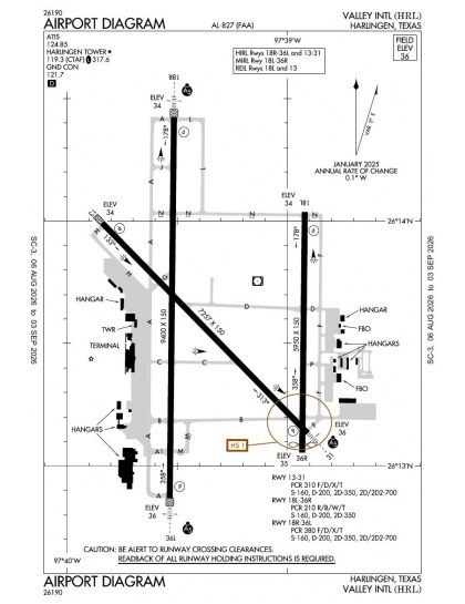 KHRL airport diagram — runways, taxiways and ramp layout