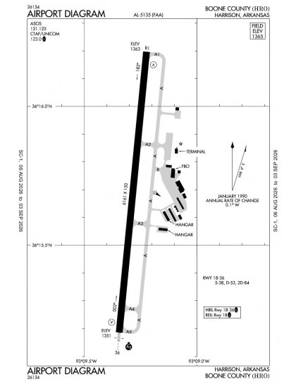 KHRO airport diagram — runways, taxiways and ramp layout