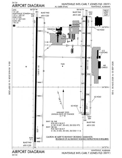 KHSV airport diagram — runways, taxiways and ramp layout