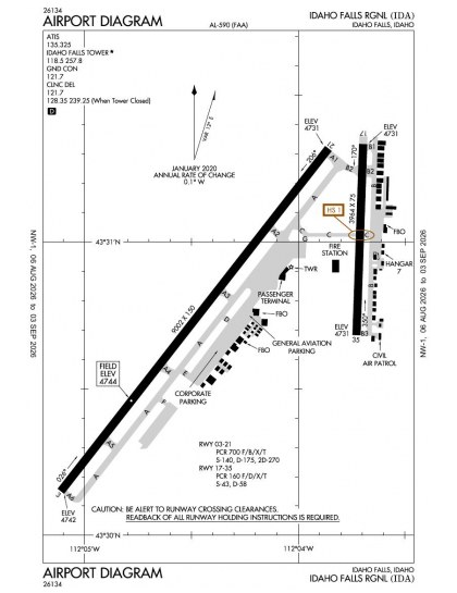 KIDA airport diagram — runways, taxiways and ramp layout