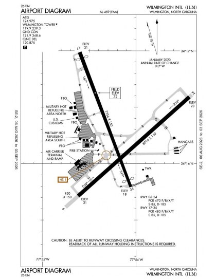 KILM airport diagram — runways, taxiways and ramp layout