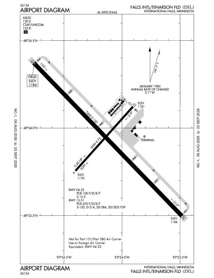 KINL airport diagram — runways, taxiways and ramp layout