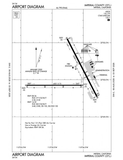 KIPL airport diagram — runways, taxiways and ramp layout