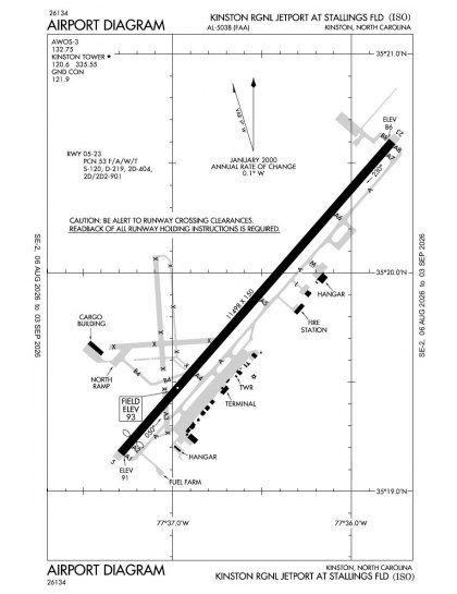 KISO airport diagram — runways, taxiways and ramp layout