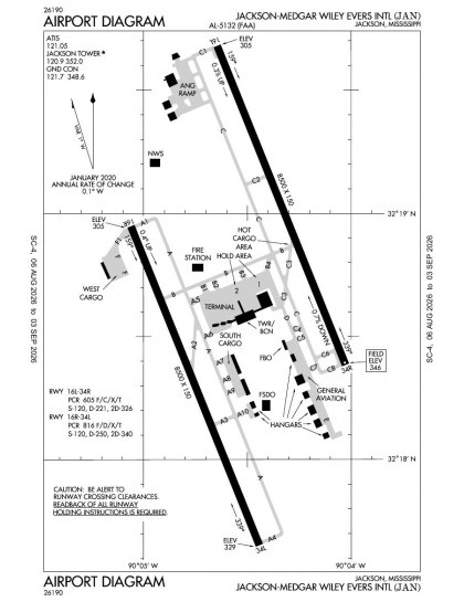 KJAN airport diagram — runways, taxiways and ramp layout