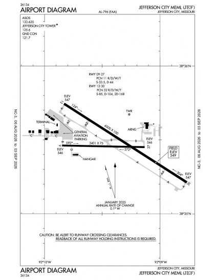 KJEF airport diagram — runways, taxiways and ramp layout