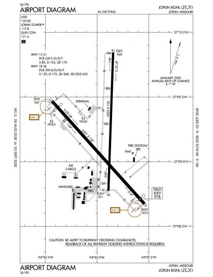KJLN airport diagram — runways, taxiways and ramp layout