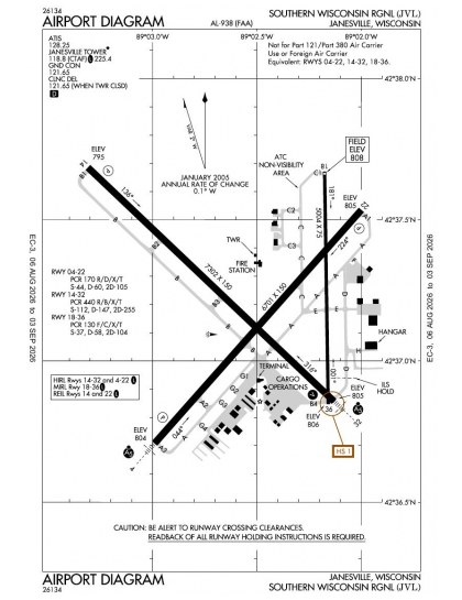 KJVL airport diagram — runways, taxiways and ramp layout