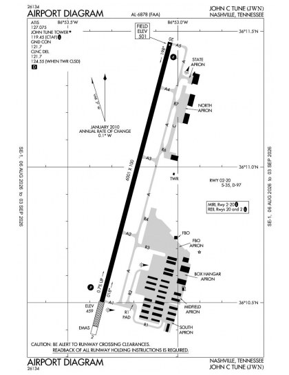 KJWN airport diagram — runways, taxiways and ramp layout