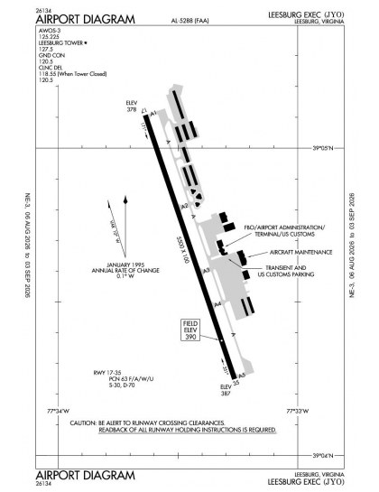 KJYO airport diagram — runways, taxiways and ramp layout