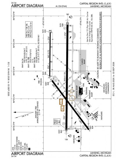 KLAN airport diagram — runways, taxiways and ramp layout