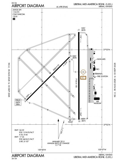 KLBL airport diagram — runways, taxiways and ramp layout