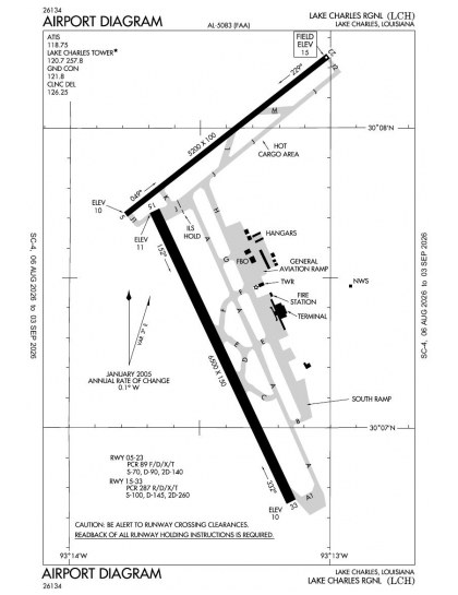 KLCH airport diagram — runways, taxiways and ramp layout