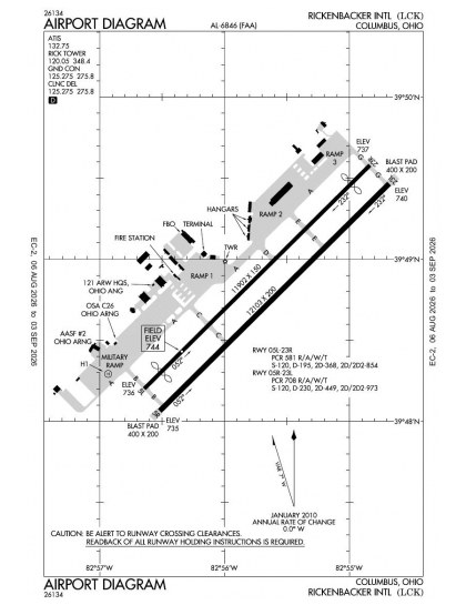 KLCK airport diagram — runways, taxiways and ramp layout