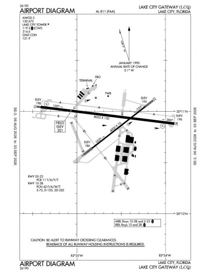 KLCQ airport diagram — runways, taxiways and ramp layout