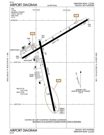 KLEB airport diagram — runways, taxiways and ramp layout