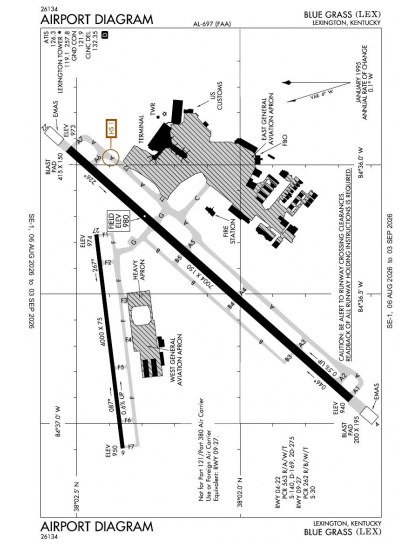 KLEX airport diagram — runways, taxiways and ramp layout