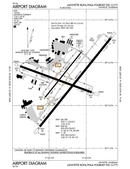 KLFT airport diagram — runways, taxiways and ramp layout