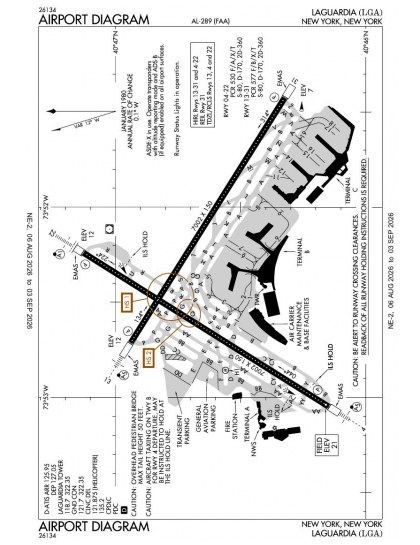 KLGA airport diagram — runways, taxiways and ramp layout