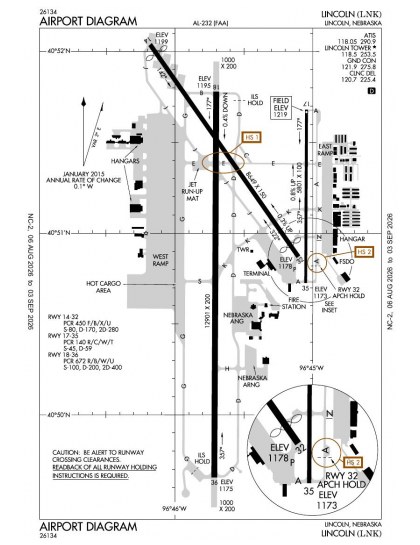 KLNK airport diagram — runways, taxiways and ramp layout