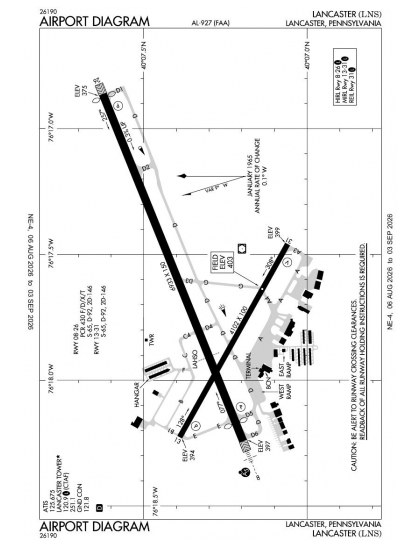 KLNS airport diagram — runways, taxiways and ramp layout