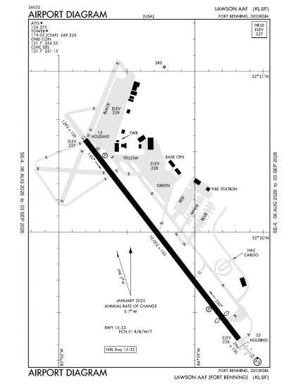 KLSF airport diagram — runways, taxiways and ramp layout