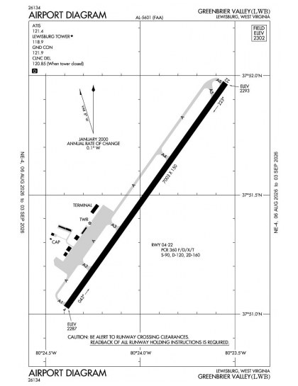 KLWB airport diagram — runways, taxiways and ramp layout
