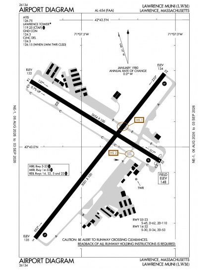 KLWM airport diagram — runways, taxiways and ramp layout