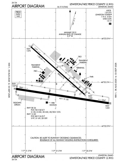 KLWS airport diagram — runways, taxiways and ramp layout