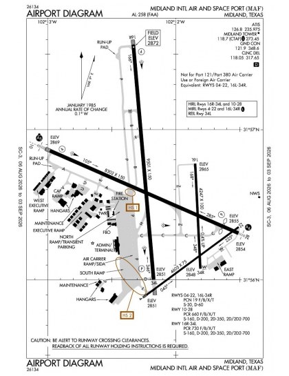 KMAF airport diagram — runways, taxiways and ramp layout