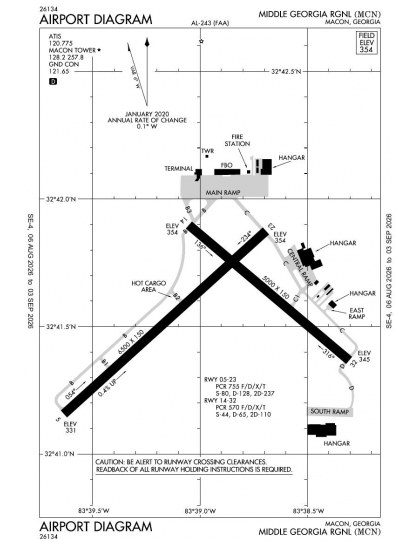 KMCN airport diagram — runways, taxiways and ramp layout