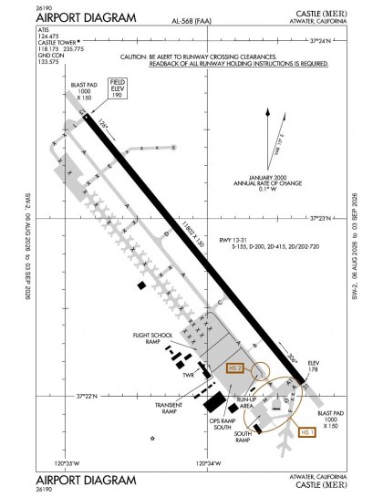 KMER airport diagram — runways, taxiways and ramp layout