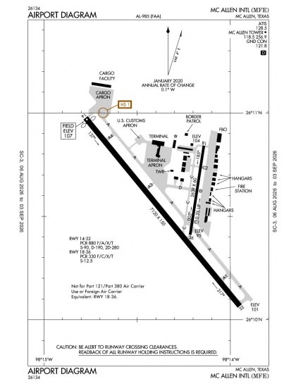 KMFE airport diagram — runways, taxiways and ramp layout